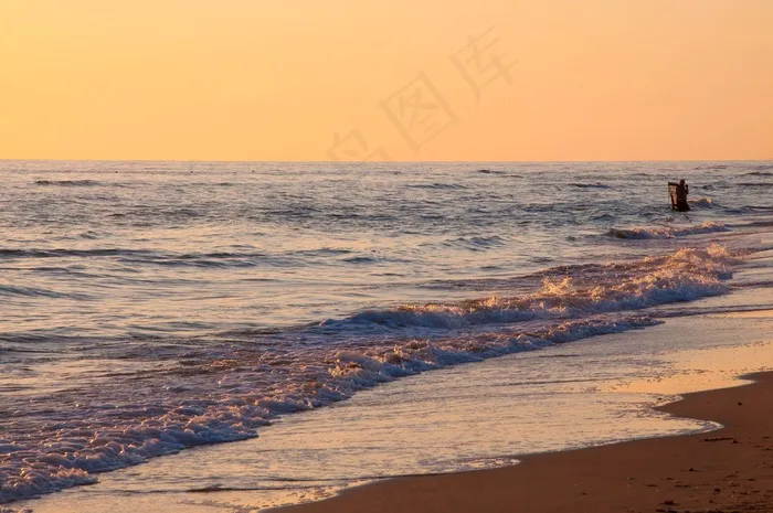 海滩，人，水，渔夫，日落