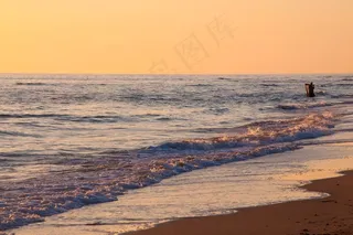 海滩，人，水，渔夫，日落