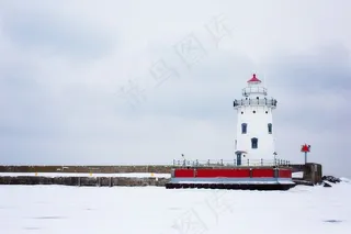灯塔，密歇根州，白色，航海，冬天，雪域