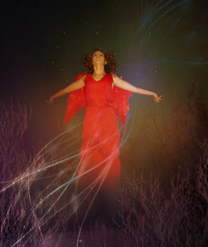 女孩，天使，飞行，翅膀，红色，明星，夜，天空