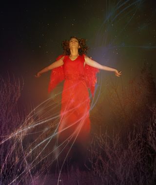 女孩，天使，飞行，翅膀，红色，明星，夜，天空