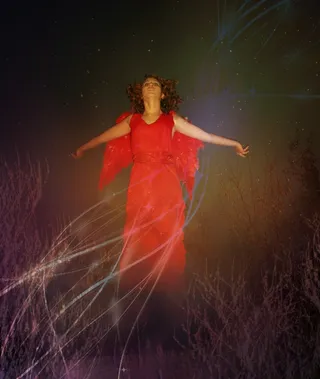 女孩，天使，飞行，翅膀，红色，明星，夜，天空