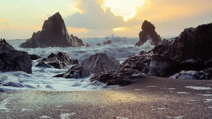 岩石，海岸，沙，海滩，日落，石头，旅游