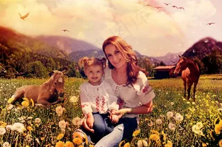 儿童，乡村，山，马