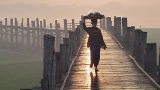 乌本桥，曼德勒，缅甸，桥，黎明，人