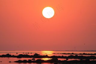 海滩，日落，太阳，地平线，大海，水，晚上，天空