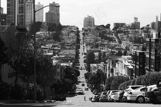 街，道路，城市，城市，小山，汽车，停放，树木