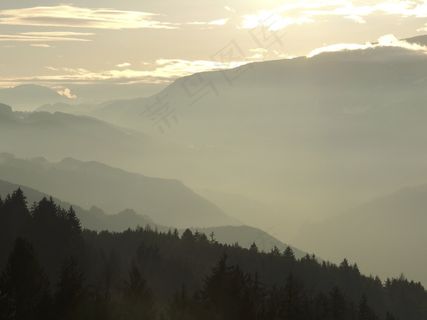 山谷，雾，太阳，晚上，云，剪影，天空