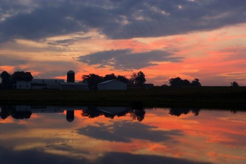 俄亥俄州，日落，农场，农村，天空，云团，剪影