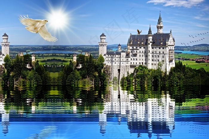 建筑,江河,天空,寺塔,风景,鸟和城堡的幻想形象