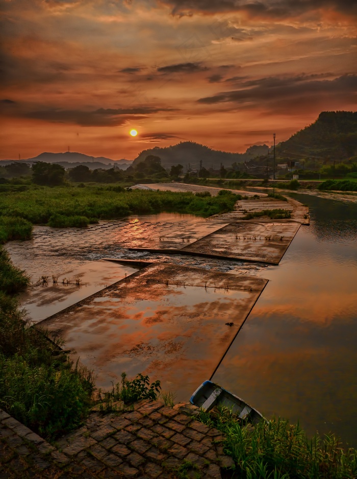 日本，日落，水，船舶，太阳，晚上，江