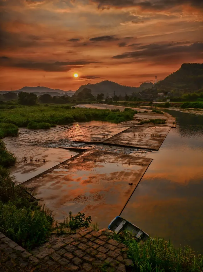 日本，日落，水，船舶，太阳，晚上，江