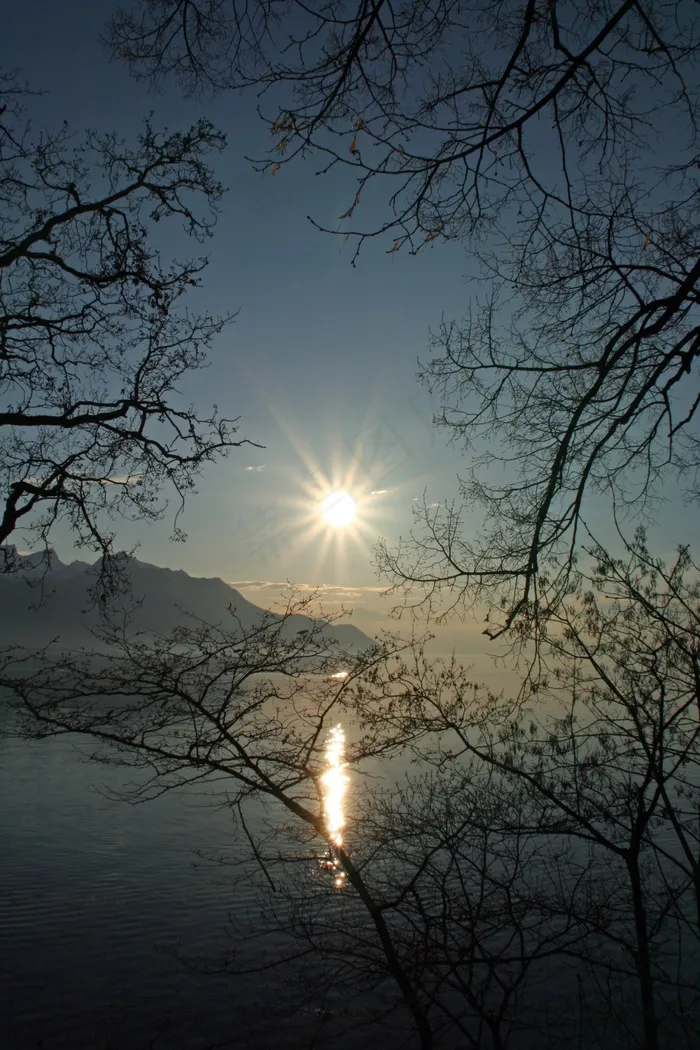 湖，日内瓦，瑞士，日落，水，蒙特勒，太阳