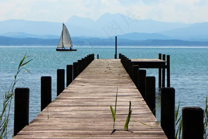 网络，木板路，地平线，水，湖泊，帆船