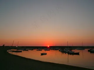 日落，港口，小船，天空，海洋，水，晚上