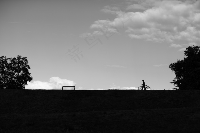 自行车，路径，长凳，公园，侧影，人