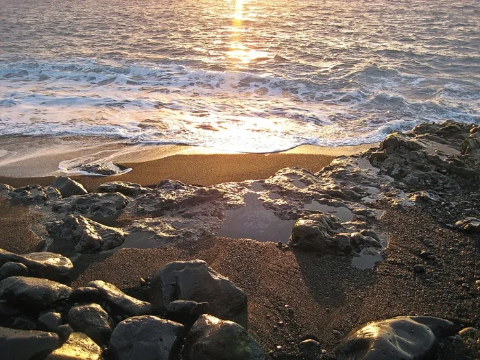 海，海滩，岩石，日落，加那利群岛，沙