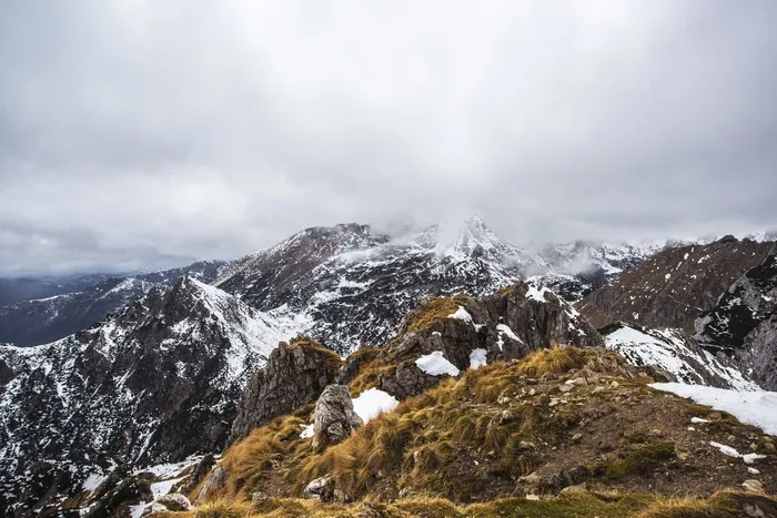 山，高峰，阴，冷，冬季，云团，薄雾