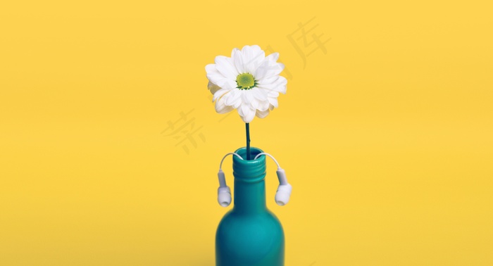 黄色，雏菊，瓶，花瓶，耳机，耳塞，装饰