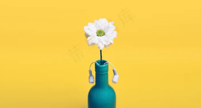 黄色，雏菊，瓶，花瓶，耳机，耳塞，装饰