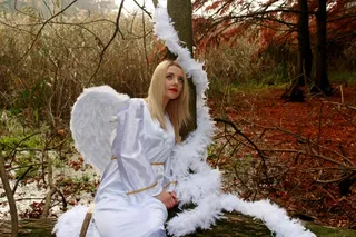 女孩，天使，秋，翅膀，叶子，红色，白色，金发女郎