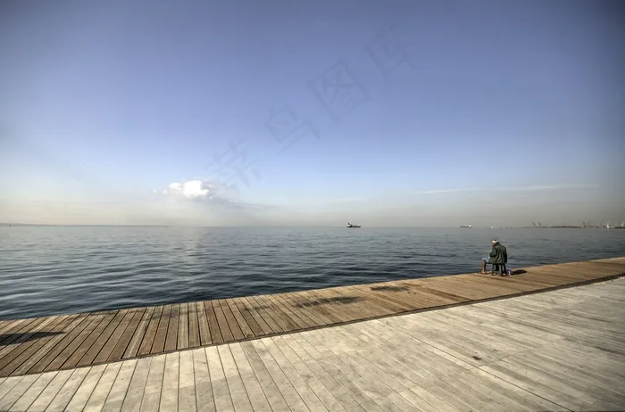钓鱼，寂寞，海洋，渔夫，天，浮桥，蓝色