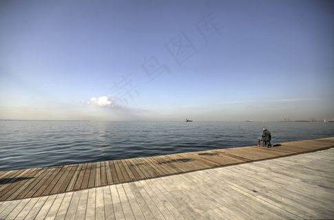 钓鱼，寂寞，海洋，渔夫，天，浮桥，蓝色