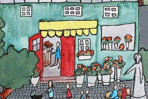 艺术，水彩，盘子，城市，花店