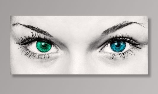 女人的脸部细节，一只眼睛蓝色，另一只绿色