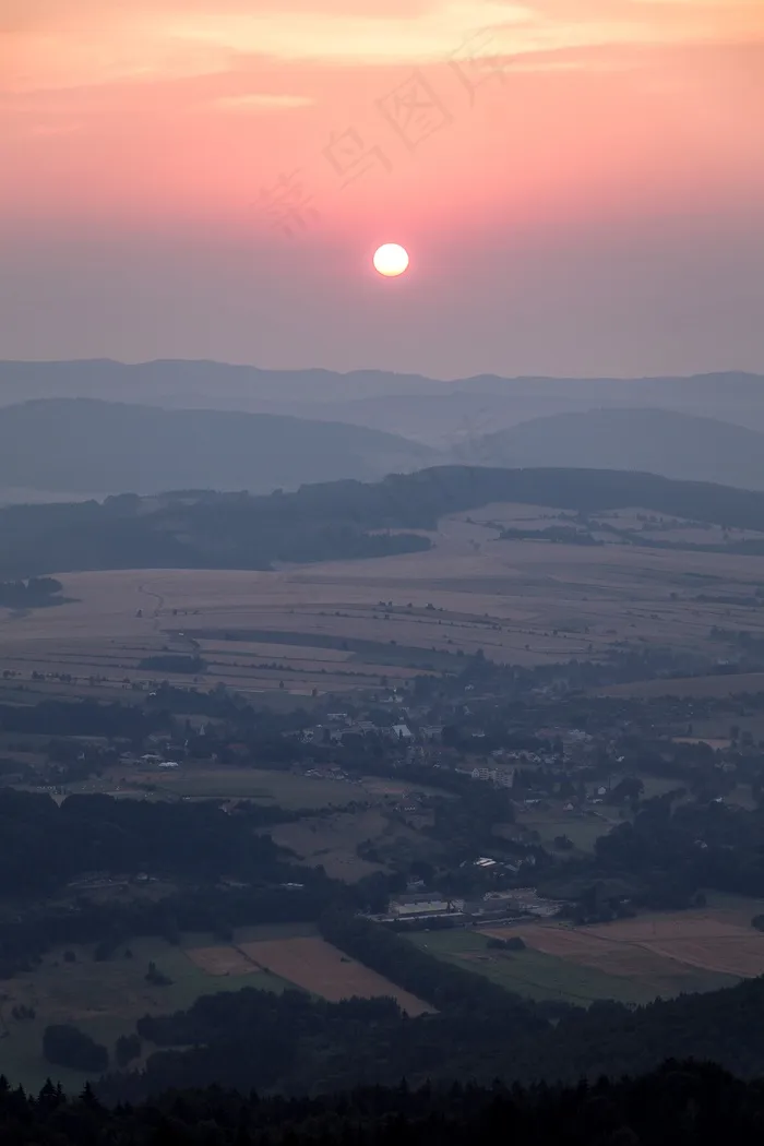 全景，视图，山谷，丘陵，日落，傍晚，场景