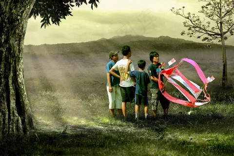 儿童，丈夫，播放，风筝，风