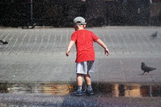 水，儿童，游戏，广场，鸽子，夏天，城市