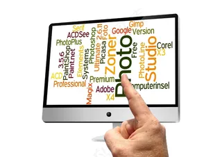 监视器，单词，手，手指，联系人，触摸屏