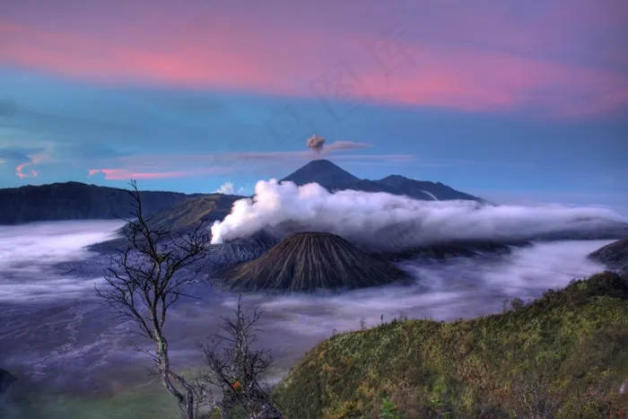 火山,山峦,湖泊,冰雪,天空,夕阳景观与山川同云