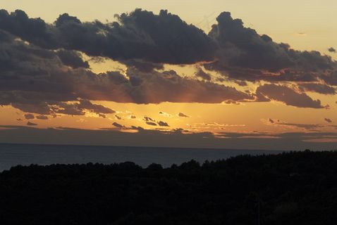 日落，云，海，地平线，自然，天空