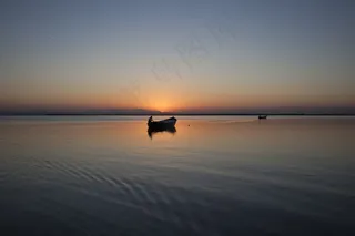 水，湖，海，海洋，船，渔夫，日落