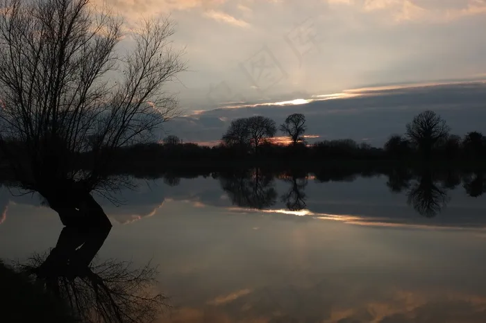 傍晚，日落，风景，寂静，水位高，洪水