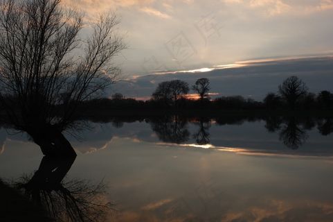 傍晚，日落，风景，寂静，水位高，洪水