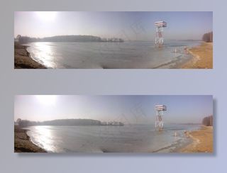 全景，Pławniowice，湖，海滩，在早晨