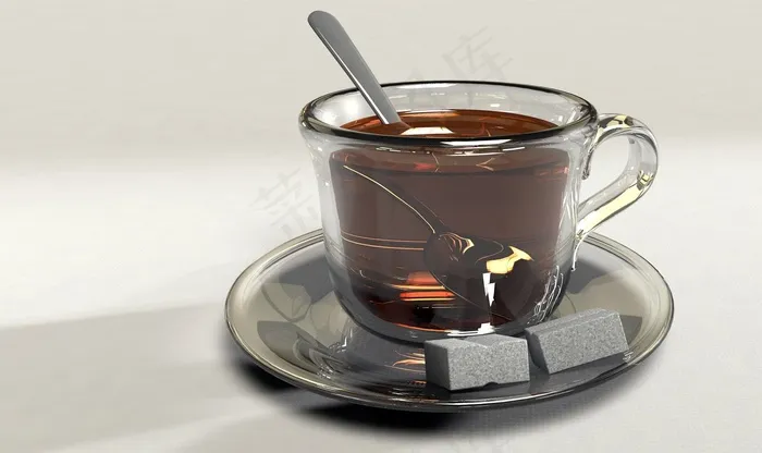 杯，三通，茶杯，玻璃杯，勺子，糖，糖块