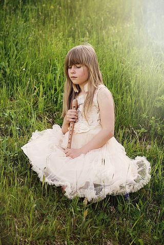 人，人的，儿童，女孩，长笛，音乐，出，自然