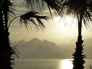 海，Abendstimmung，地平线，山，日落，云