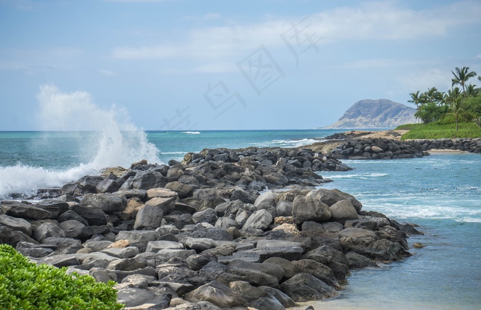 夏威夷，瓦胡岛，波浪，柯奥利纳，环礁湖，岩石，水