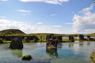 冰岛，Höfði，水，景观，石头，岩，性质