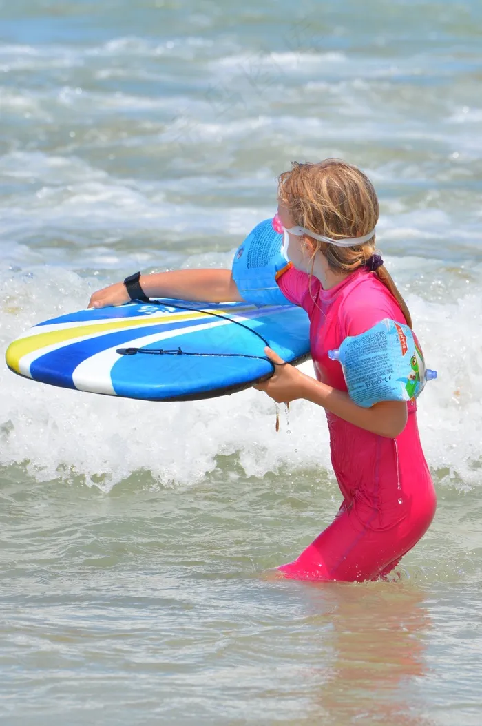 儿童，女孩，冲浪，波浪，冲浪板，人，体育