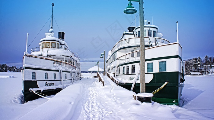 安大略省，加拿大，Muskoka，冬季，船舶，湖泊，冰