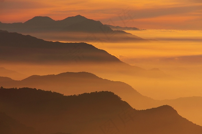 山，日落，景观，自然，雾，剪影