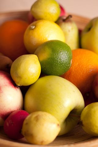 水果，篮子，梨，柠檬，苹果，萝卜，绿色，红色