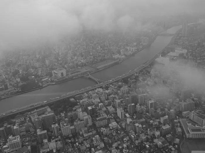 城市和河流，BW的鸟瞰图