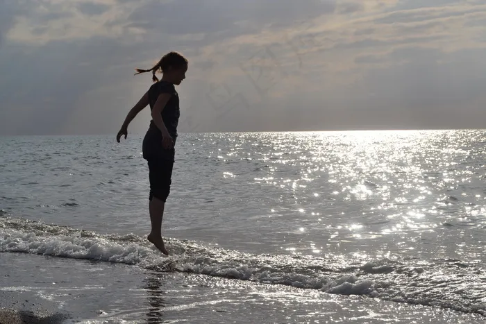 儿童，海，跳，女孩，阳光，水